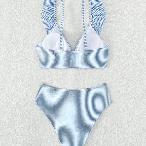 Blue and White Boho Womens Swim Summer Beach Striped Ruffle Trim Bikini Swimsuit - Picture 4 of 6